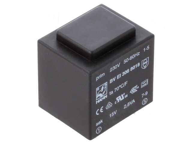 Transformator: ingegoten; 2,8VA; 230VAC; 15V; 187mA; PCB; BVEI Transformator: ingegoten; 2,8VA; 230VAC; 15V; 187mA; PCB; BVEI